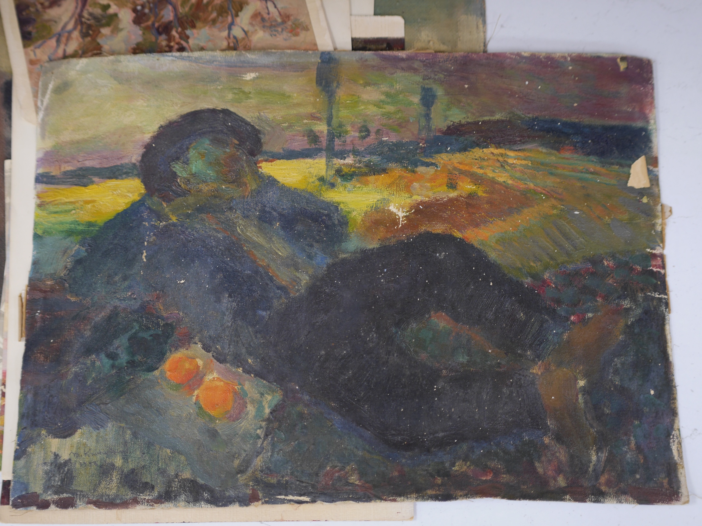 Marian Kratochwil (Polish, 1905-1997), a folio of unframed works, mostly oils to include landscapes and portraits, some signed verso, largest 45 x 39cm. Condition - poor to fair
